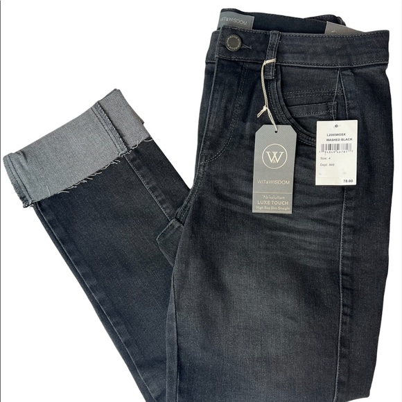 Wit & Wisdom Black glitter High Waisted Straight Leg Denim cuffed Jean - Picture 4 of 12